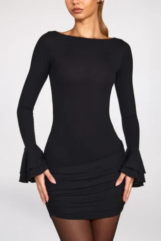 Helena Ribbed Modal Long-Sleeve Draped Mini Dress in Black