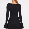 Helena Ribbed Modal Long-Sleeve Draped Mini Dress in Black
