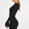 Helena Ribbed Modal Long-Sleeve Draped Mini Dress in Black