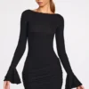 Helena Ribbed Modal Long-Sleeve Draped Mini Dress in Black