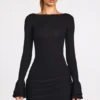 Helena Ribbed Modal Long-Sleeve Draped Mini Dress in Black