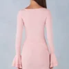 Helena Ribbed Modal Long-Sleeve Draped Mini Dress in Blush Pink