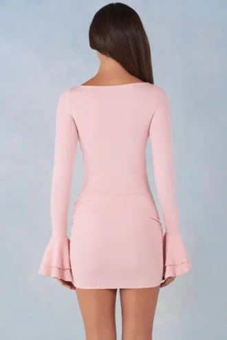 Helena Ribbed Modal Long-Sleeve Draped Mini Dress in Blush Pink