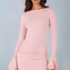 Helena Ribbed Modal Long-Sleeve Draped Mini Dress in Blush Pink