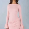 Helena Ribbed Modal Long-Sleeve Draped Mini Dress in Blush Pink