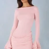 Helena Ribbed Modal Long-Sleeve Draped Mini Dress in Blush Pink