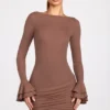Helena Ribbed Modal Long-Sleeve Draped Mini Dress in Mocha