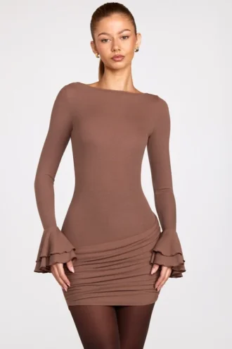 Helena Ribbed Modal Long-Sleeve Draped Mini Dress in Mocha
