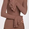 Helena Ribbed Modal Long-Sleeve Draped Mini Dress in Mocha