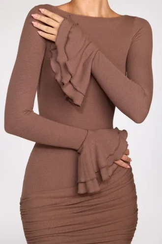 Helena Ribbed Modal Long-Sleeve Draped Mini Dress in Mocha