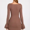 Helena Ribbed Modal Long-Sleeve Draped Mini Dress in Mocha