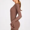 Helena Ribbed Modal Long-Sleeve Draped Mini Dress in Mocha