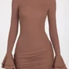 Helena Ribbed Modal Long-Sleeve Draped Mini Dress in Mocha