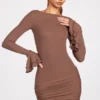 Helena Ribbed Modal Long-Sleeve Draped Mini Dress in Mocha