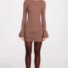 Helena Ribbed Modal Long-Sleeve Draped Mini Dress in Mocha