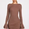 Helena Ribbed Modal Long-Sleeve Draped Mini Dress in Mocha