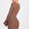 Helena Ribbed Modal Long-Sleeve Draped Mini Dress in Mocha