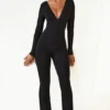 Helene Modal Ruched Plunge Flared Jumpsuit in Black