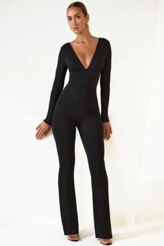Helene Modal Ruched Plunge Flared Jumpsuit in Black