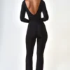 Helene Modal Ruched Plunge Flared Jumpsuit in Black