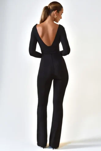 Helene Modal Ruched Plunge Flared Jumpsuit in Black