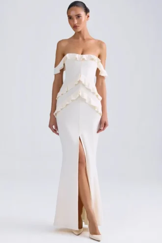Hemera Off-Shoulder Ruffle-Trim Gown in Ivory