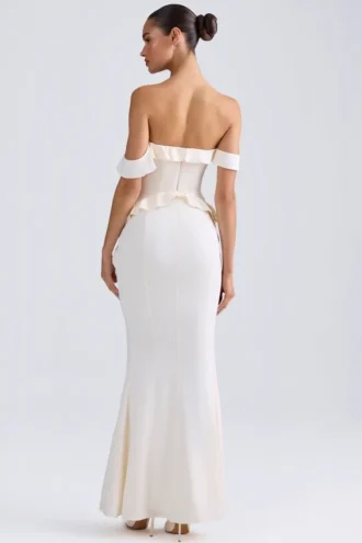 Hemera Off-Shoulder Ruffle-Trim Gown in Ivory
