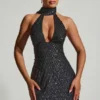 Henrietta Embellished Scarf-Detail Halterneck Mini Dress in Black
