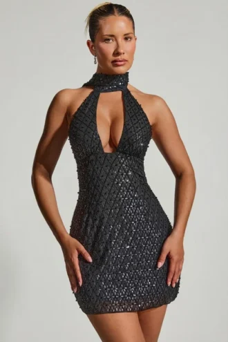 Henrietta Embellished Scarf-Detail Halterneck Mini Dress in Black
