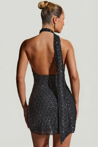 Henrietta Embellished Scarf-Detail Halterneck Mini Dress in Black