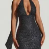 Henrietta Embellished Scarf-Detail Halterneck Mini Dress in Black
