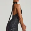 Henrietta Embellished Scarf-Detail Halterneck Mini Dress in Black