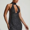 Henrietta Embellished Scarf-Detail Halterneck Mini Dress in Black