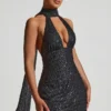 Henrietta Embellished Scarf-Detail Halterneck Mini Dress in Black