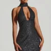 Henrietta Embellished Scarf-Detail Halterneck Mini Dress in Black