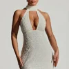 Henrietta Embellished Scarf-Detail Halterneck Mini Dress in White