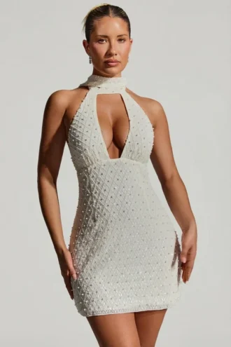 Henrietta Embellished Scarf-Detail Halterneck Mini Dress in White