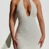Henrietta Embellished Scarf-Detail Halterneck Mini Dress in White