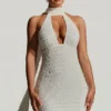Henrietta Embellished Scarf-Detail Halterneck Mini Dress in White