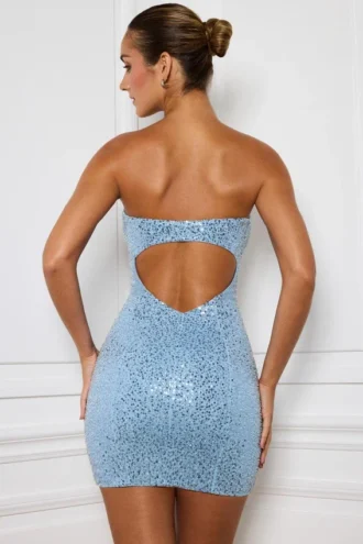 Hibana Embellished Sweetheart-Neck Mini Dress in Light Blue