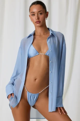 Hiva Pearl-Detail Oversized Shirt in Sky Blue