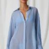Hiva Pearl-Detail Oversized Shirt in Sky Blue