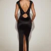 Hivera Satin Boat-Neck Twist-Back Maxi Dress in Black