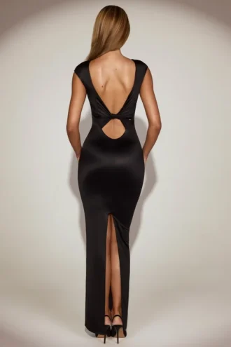 Hivera Satin Boat-Neck Twist-Back Maxi Dress in Black