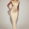 Hivera Satin Boat-Neck Twist-Back Maxi Dress in Champagne