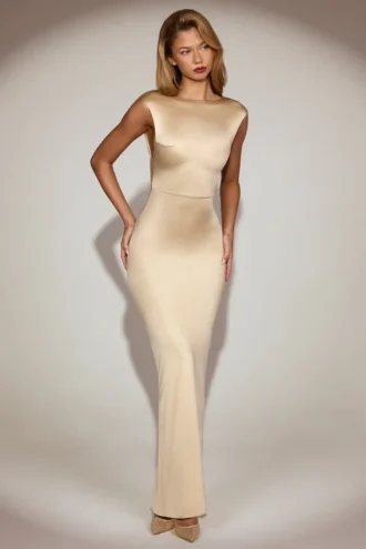 Hivera Satin Boat-Neck Twist-Back Maxi Dress in Champagne
