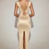 Hivera Satin Boat-Neck Twist-Back Maxi Dress in Champagne