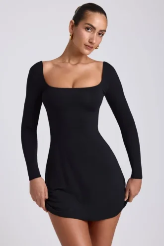 Hope Modal Square Neck Long Sleeve Mini Dress in Black