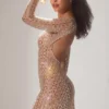 Ilana Embellished Semi-Sheer Cut-Out Mini Dress in Almond