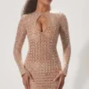 Ilana Embellished Semi-Sheer Cut-Out Mini Dress in Almond